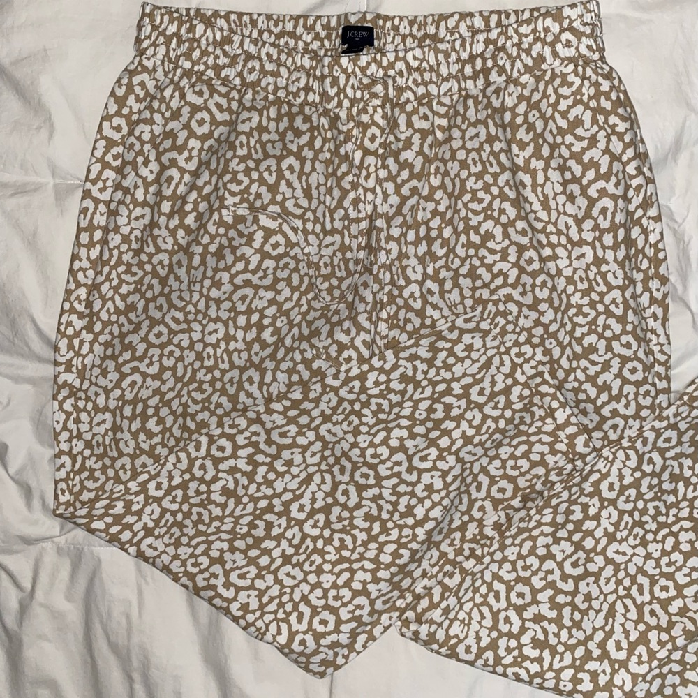 🎉HP🎉 NEW J.Crew Linen Leopard Drawstring Pants Elastic Waist Tan White Sz 14